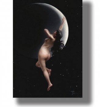 Nude woman rising toward a crescent moon in a dark starry sky