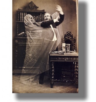 Vintage spirit photo of a man recoiling from a ghostly skeleton figure draped in transparent fabric.