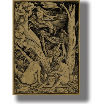 Renaissance woodcut showing witches gathered around a cauldron with smoke and ritual objects.