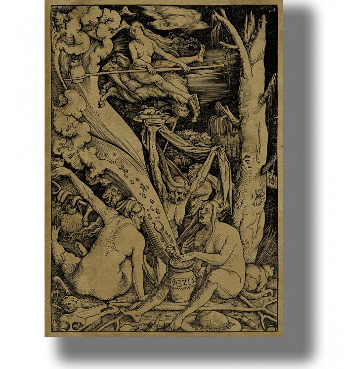 Renaissance woodcut showing witches gathered around a cauldron with smoke and ritual objects.