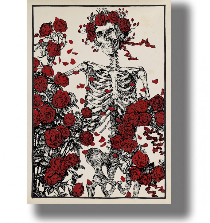 The flower forever dies. Skeleton in a wreath and roses.