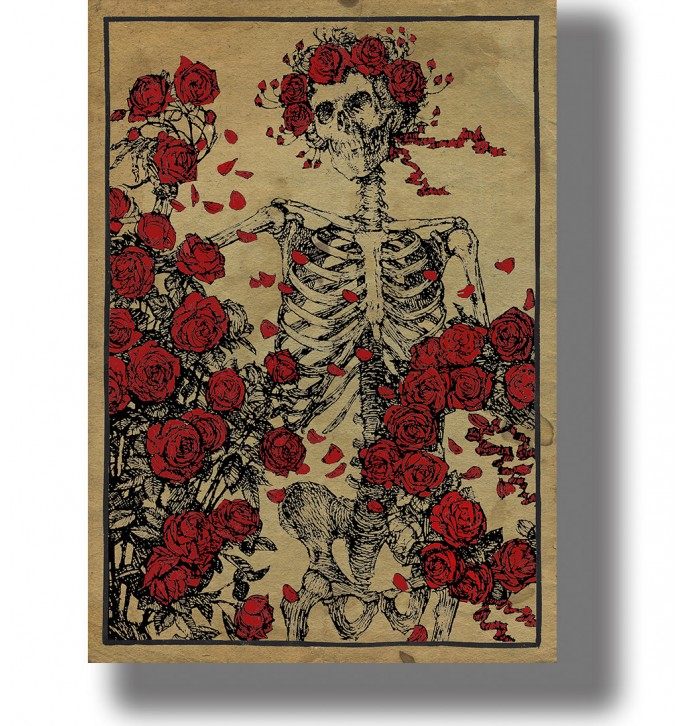 Black and white illustration of a human skeleton wearing a wreath of roses and surrounded by flowering rose bushes.