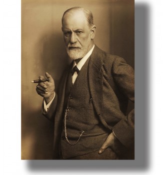 Vintage photographic portrait of Sigmund Freud in a suit holding a cigar and looking directly at the camera.