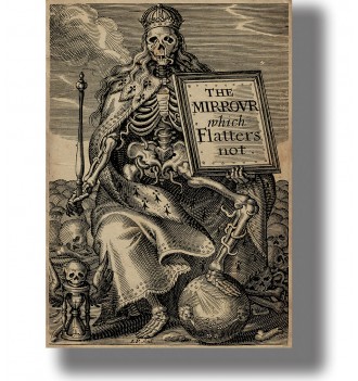 Seventeenth-century illustration of Death as a crowned skeleton king surrounded by symbols of human vanity.