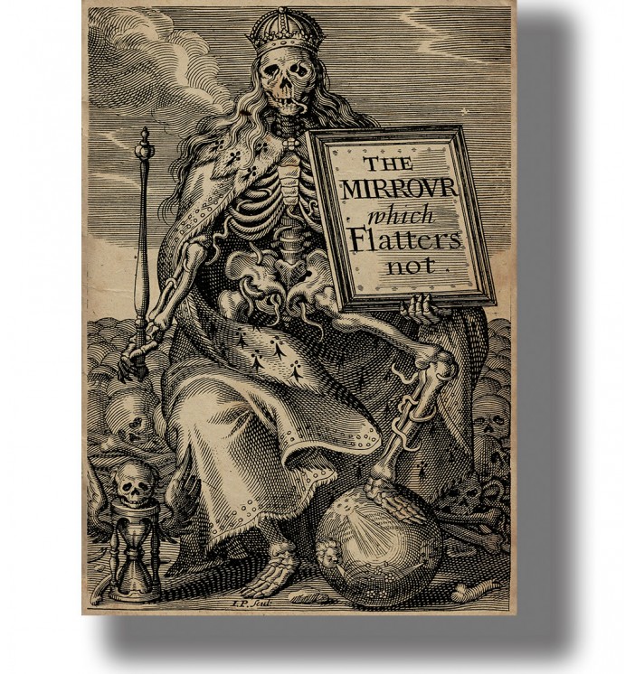 Seventeenth-century illustration of Death as a crowned skeleton king surrounded by symbols of human vanity.