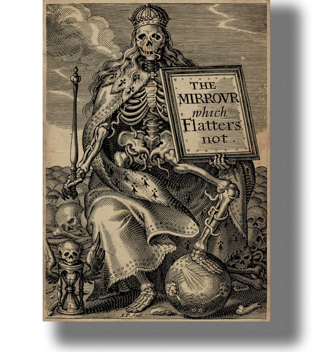Seventeenth-century illustration of Death as a crowned skeleton king surrounded by symbols of human vanity.