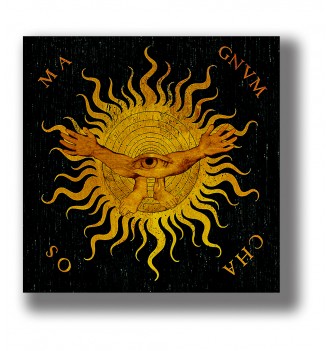 Occult illustration of a radiant sun with a single eye, human arms and feet, surrounded by the words “Ma Gnum Chaos.”