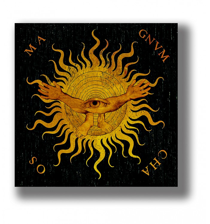 Occult illustration of a radiant sun with a single eye, human arms and feet, surrounded by the words “Ma Gnum Chaos.”