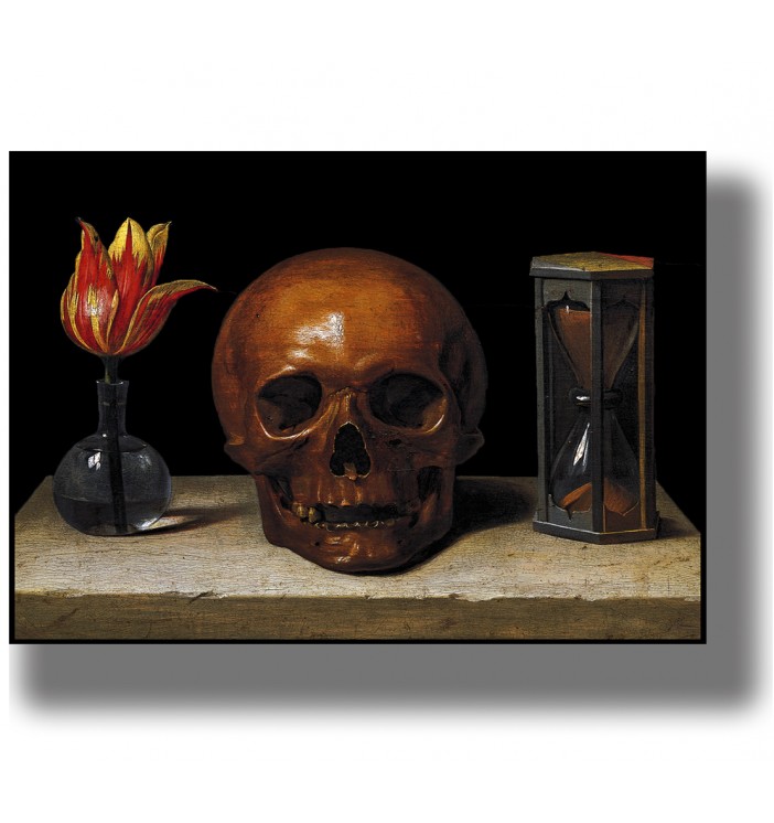 Vanitas still life print with a skull, a red-yellow tulip in a small vase, and an hourglass on a table.