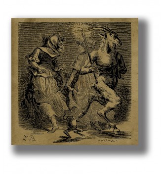 Old illustration showing two witches dancing with a goat-headed demon at the sabbath.