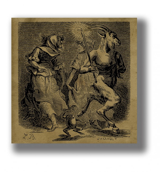 Old illustration showing two witches dancing with a goat-headed demon at the sabbath.