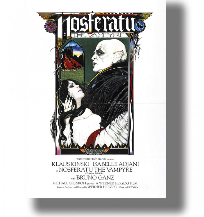 Nosferatu the Vampyre poster with a vampire embracing a woman in a gothic frame