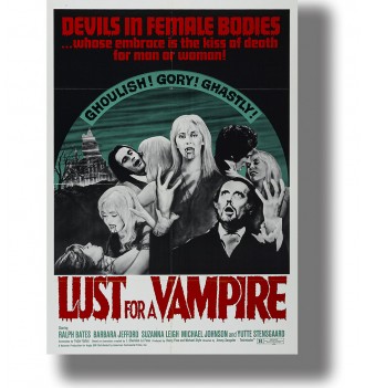 Lust for a Vampire poster with pale female vampires, male figures, a gothic castle and bold red lettering on a dark background