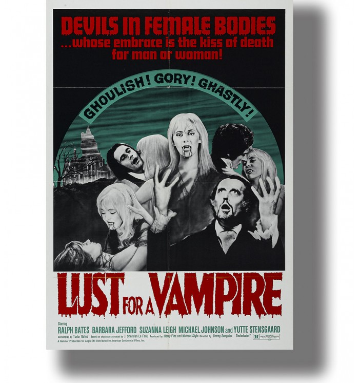 Lust for a Vampire poster with pale female vampires, male figures, a gothic castle and bold red lettering on a dark background