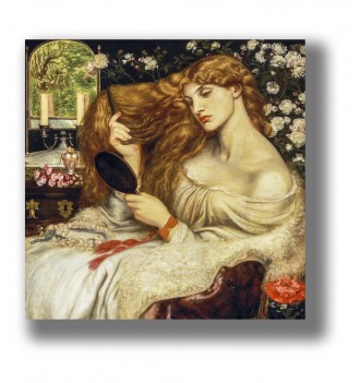 Pre-Raphaelite portrait of Lilith seated with long hair, a hand mirror, and flowers around her.