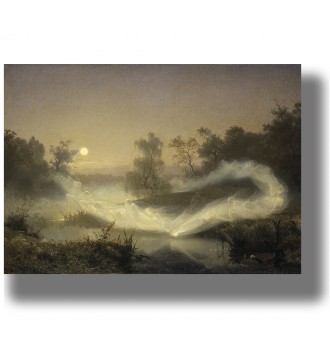 Moonlit forest landscape with dancing fairy spirits over the water, painting by August Malmström