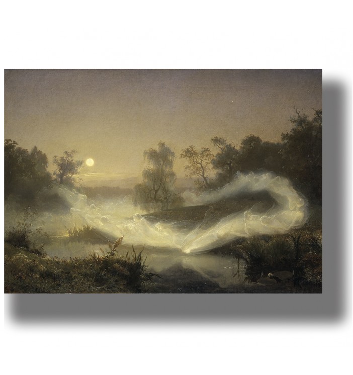 Moonlit forest landscape with dancing fairy spirits over the water, painting by August Malmström