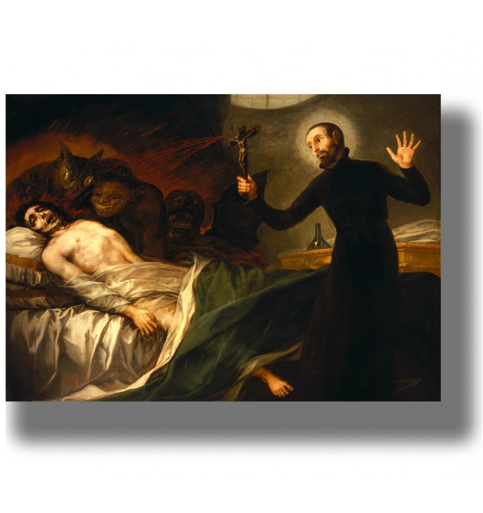 Painting print showing St. Francis Borgia holding a crucifix beside a dying man while demons gather around the bed.