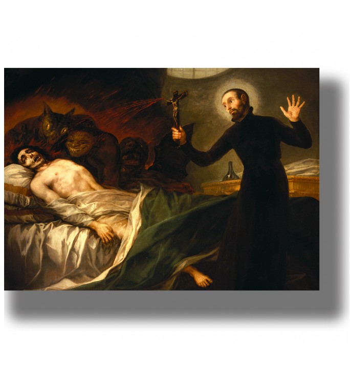 Painting print showing St. Francis Borgia holding a crucifix beside a dying man while demons gather around the bed.
