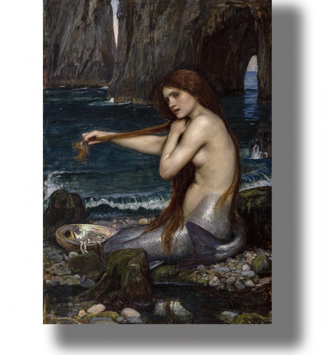 Mermaid with long red hair sitting on the shore by the sea, painting by John William Waterhouse
