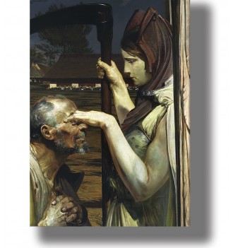 Symbolist painting of an old man facing a female figure of Death holding a large scythe.