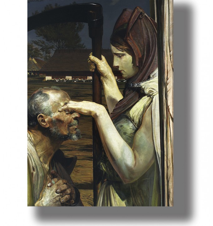 Symbolist painting of an old man facing a female figure of Death holding a large scythe.