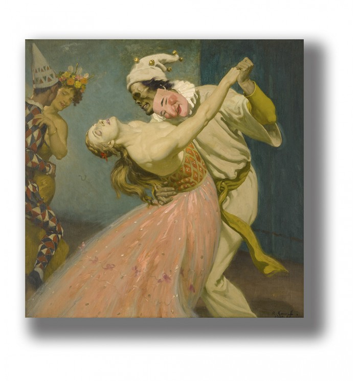 Vintage painting of a masked skeleton dancing with a woman in a pink dress at a masquerade, with two carnival figures watching.