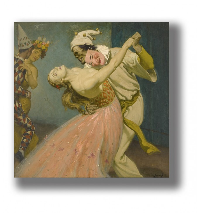 Vintage painting of a masked skeleton dancing with a woman in a pink dress at a masquerade, with two carnival figures watching.