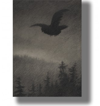 Dark bird flying above the forest in Theodor Kittelsen’s Pesta’s Coming.