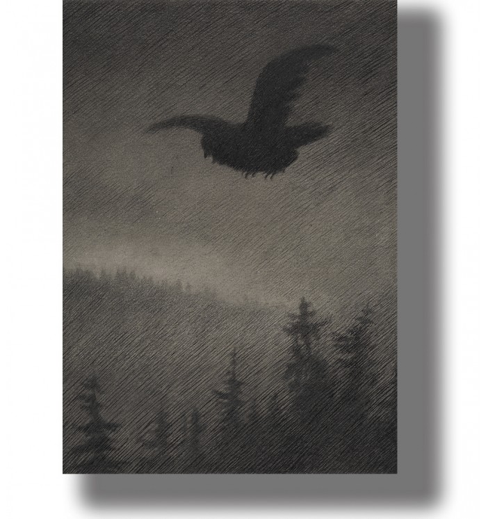 Dark bird flying above the forest in Theodor Kittelsen’s Pesta’s Coming.