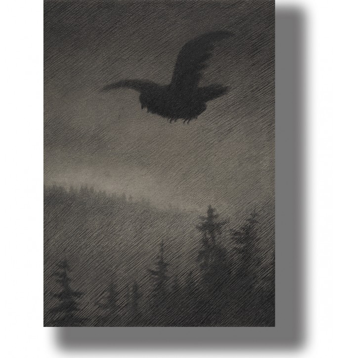 Dark bird flying above the forest in Theodor Kittelsen’s Pesta’s Coming.