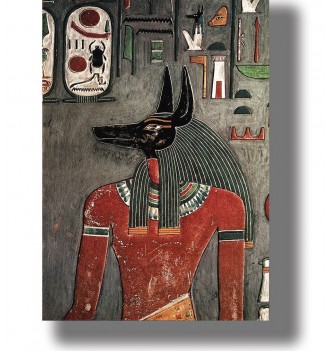 Ancient Egyptian image of Anubis as a man with a black jackal head surrounded by hieroglyphs.