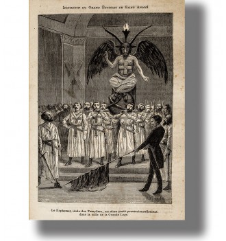 Old illustration of Baphomet inside a Masonic lodge surrounded by men in ceremonial robes.