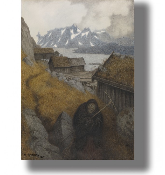 Dark painting of the Black Death figure near a Norwegian village by Theodor Kittelsen.