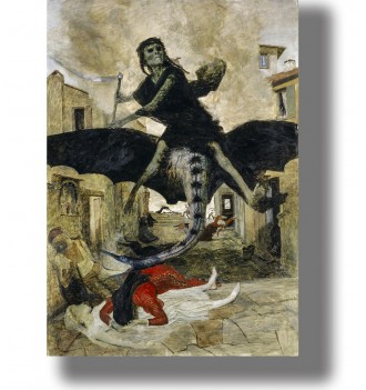 Dark painting of Death riding a winged creature through a plague-stricken town while bodies lie in the street.