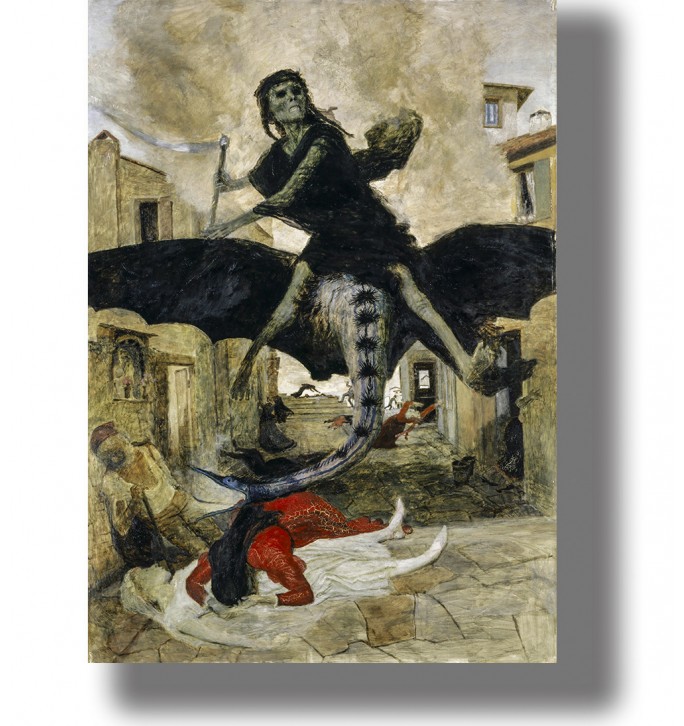Dark painting of Death riding a winged creature through a plague-stricken town while bodies lie in the street.