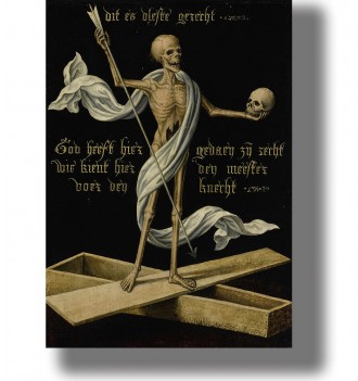 Old religious illustration showing a skeleton standing on a coffin and holding a skull and a long arrow.