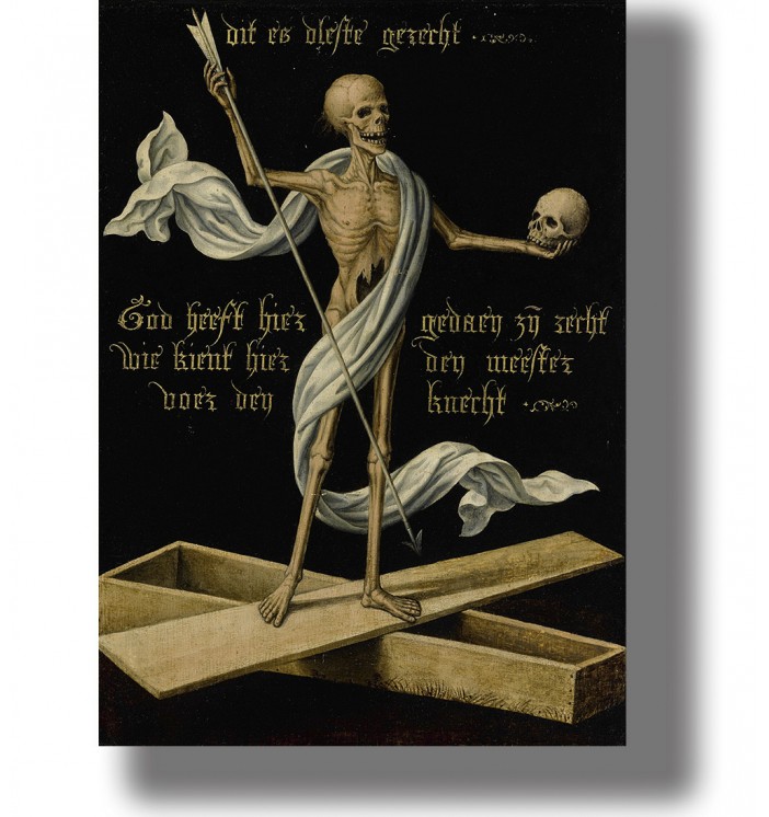 Old religious illustration showing a skeleton standing on a coffin and holding a skull and a long arrow.