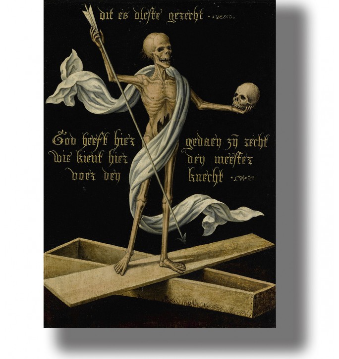 Old religious illustration showing a skeleton standing on a coffin and holding a skull and a long arrow.
