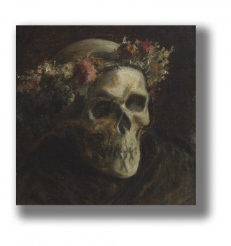 Dark painting of a human skull wearing a wreath of flowers against a black background.