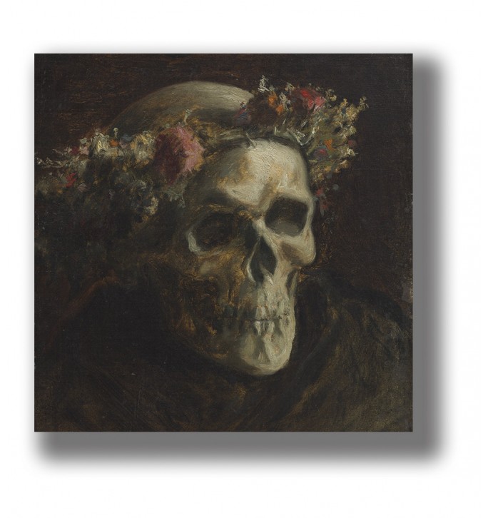 Dark painting of a human skull wearing a wreath of flowers against a black background.