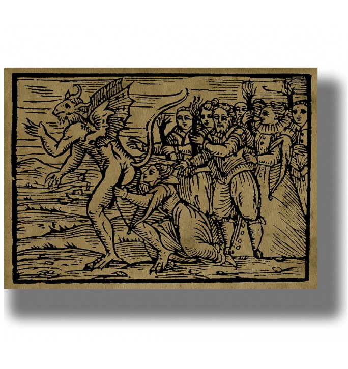 Old woodcut illustration from Compendium Maleficarum showing a demon figure and people in a witchcraft ritual scene.