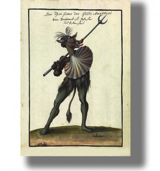 Old occult illustration of a demon figure holding a trident, with horns, shell-like chest, and animal legs.