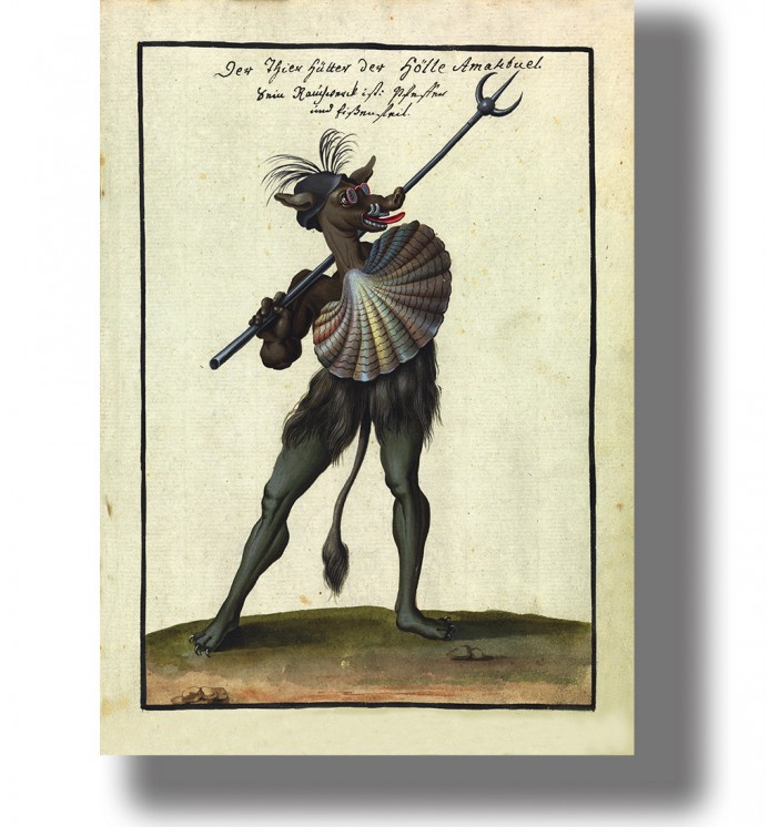Old occult illustration of a demon figure holding a trident, with horns, shell-like chest, and animal legs.