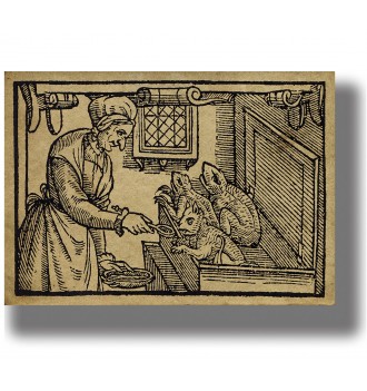 Old woodcut showing a witch feeding small demonic creatures inside a wooden chest.
