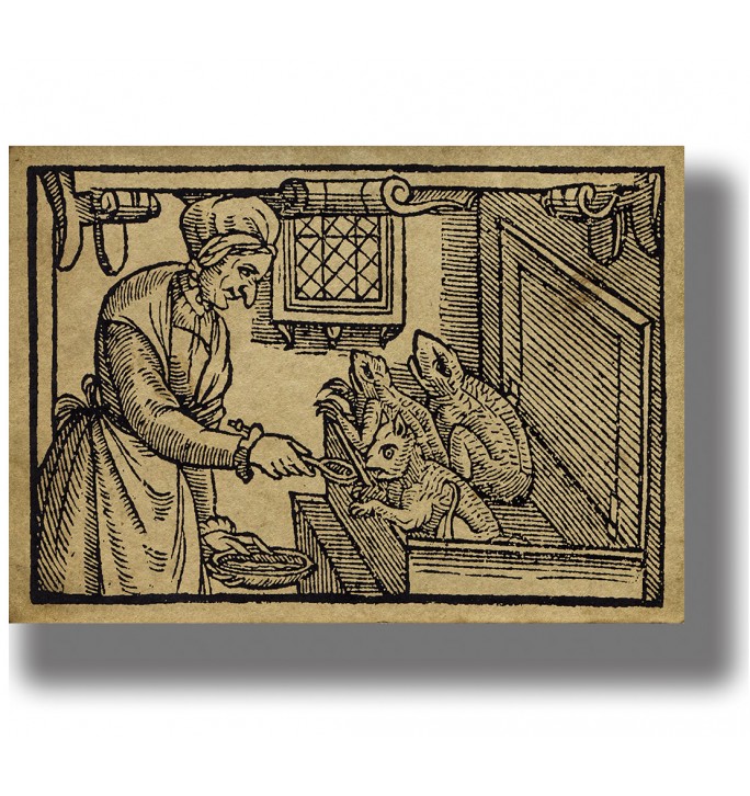 Old woodcut showing a witch feeding small demonic creatures inside a wooden chest.