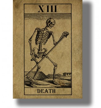 Vintage Death tarot card with a skeleton holding a scythe, Major Arcana XIII.