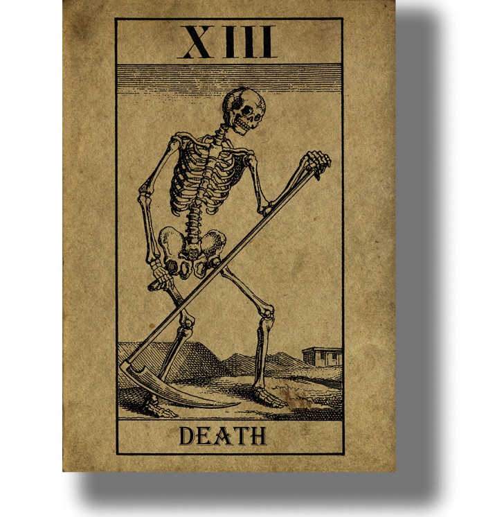 Vintage Death tarot card with a skeleton holding a scythe, Major Arcana XIII.