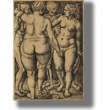 Renaissance engraving of three nude women gathered around a skeleton figure of Death.