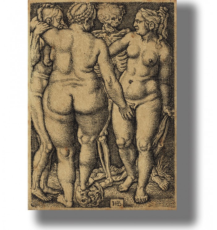 Renaissance engraving of three nude women gathered around a skeleton figure of Death.